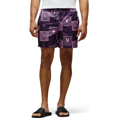 Psycho Bunny Gio Print Swim Trunks In Purple