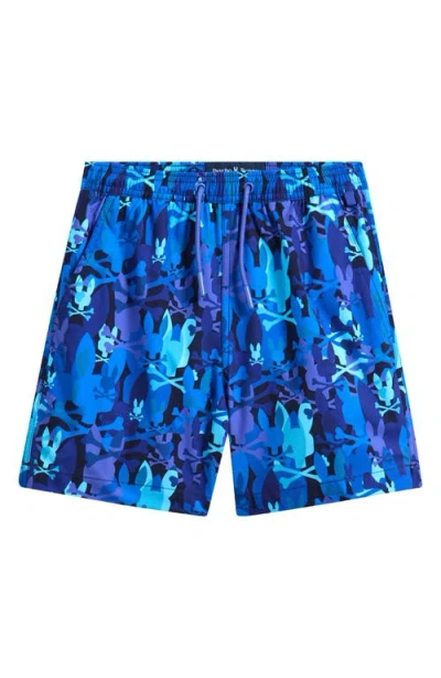 Psycho Bunny Kids' Allover Bunny Print Swim Trunks In Blue