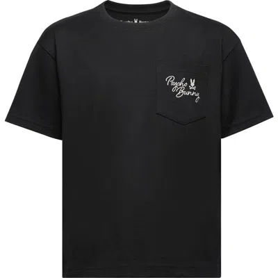 Psycho Bunny Kids' Desert Relaxed Fit Embroidered Heavyweight Pocket T-shirt In Black