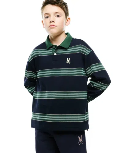 Psycho Bunny Kids Drew Long Sleeve Pique Polo In 423 Baritone Blue