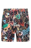 Psycho Bunny Kids' Marco Print Swim Trunks In Black