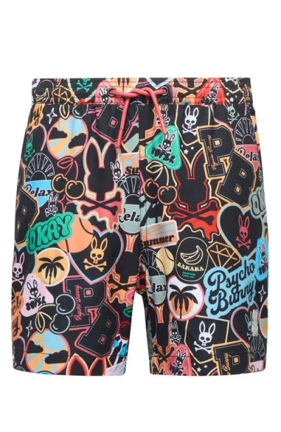 Psycho Bunny Kids' Marco Print Swim Trunks In Black