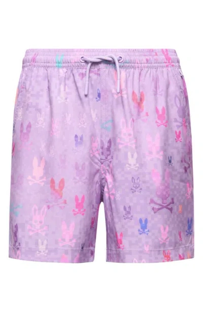 Psycho Bunny Kids' Van Lightweight Bunny Print Swim Trunks In Purple