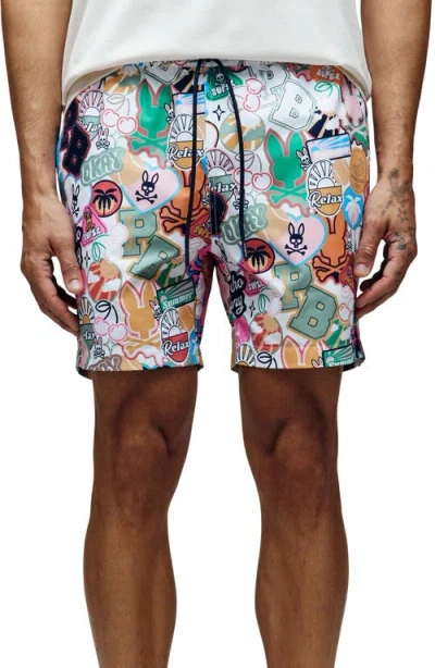 Psycho Bunny Marco Print Swim Trunks In Multi