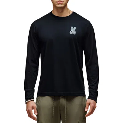 Psycho Bunny Rowen Long Sleeve Floral Bunny Embroidered Pima Cotton T-shirt In Black