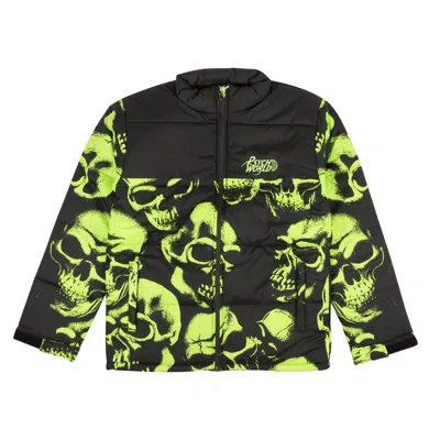 Psychworld 95-psy-0006/s Skull_puffer_black/lime Black/lime  Skull Print Puffer In Multi