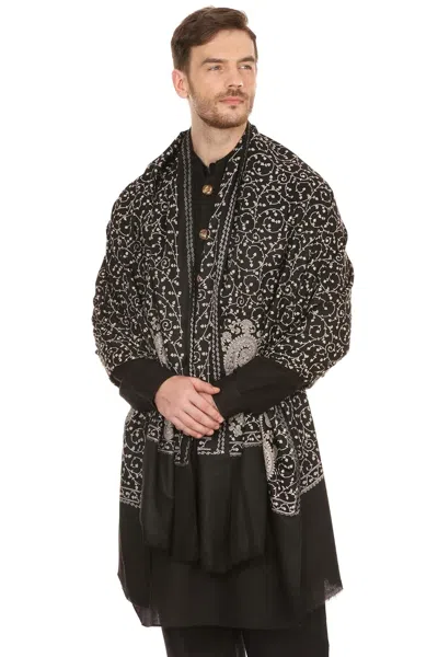 Pre-owned Pt Mens Extra Fine Wool Full Embroidery Stole Shawl Wrap Rich Black (medium)