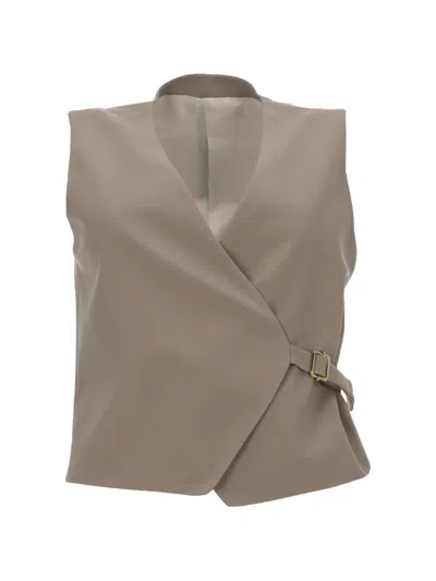 Pt Torino Angela Wrap Vest Buckle Accent Virgin Wool Blazer In Brown