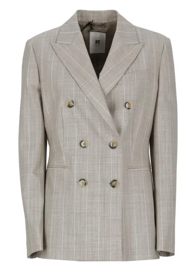 Pt Torino Beige Virgin Wool Double-breasted Blazer With All-over Check Pattern