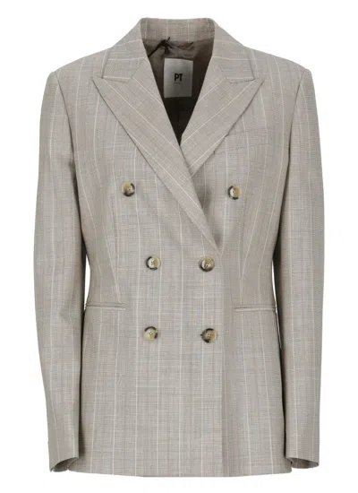 PT TORINO BEIGE VIRGIN WOOL DOUBLE-BREASTED BLAZER WITH ALL-OVER CHECK PATTERN