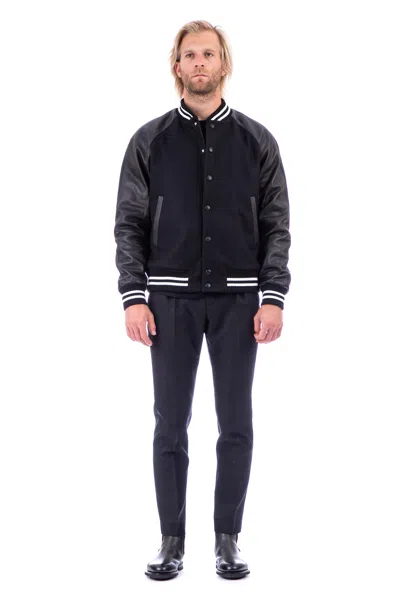 Pt Torino Bimaterial Leather-wool Jacket With Baseball Collar In Black