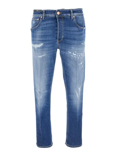 PT TORINO BLUE FIVE POCKET JEANS WITH RIPS AND LOGO PATCH ON THE BACK IN DENIM MAN