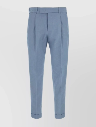 Pt Torino Cotton Pant With Central Pleat And Folded Hemline In Blue