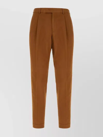 Pt Torino Cuffed Hem Cotton Blend Trousers In Medium Brown