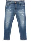 Pt Torino Blue Five Pocket Jeans With Rips And Logo Patch On The Back In Denim Man In Blue