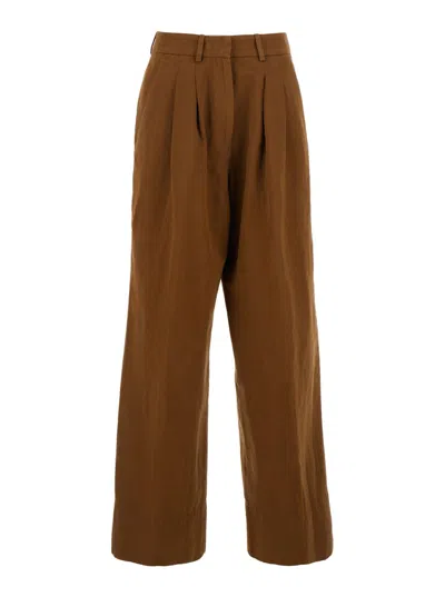 PT TORINO 'FRANKIE' BROWN PANTS WITH BELT LOOPS IN COTTON AND LINEN BLEND WOMAN
