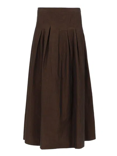 Pt Torino Mirna Cotton Linen Pleated Midi Skirt In Brown