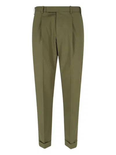 PT TORINO GREEN COTTON CHINOS WITH PLEATS AND CUFFED HEM
