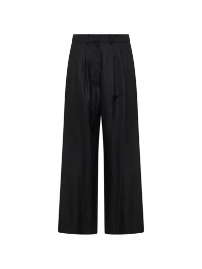 Pt Torino High-waisted Wide-leg Trousers In Virgin Wool And Linen In Black