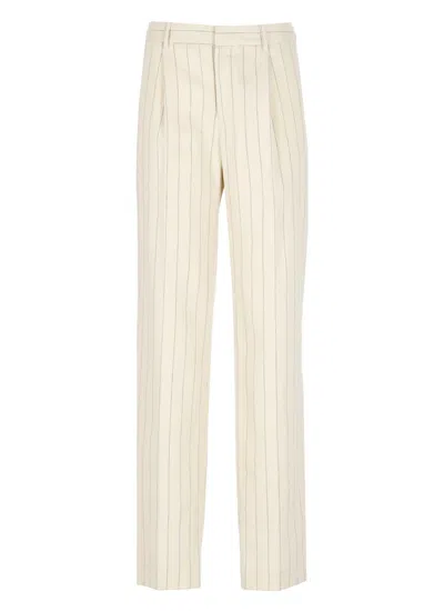 Pt Torino Ivory Linen And Cotton Palazzo Pants With Striped Pattern In Cream Blue Pinstripe