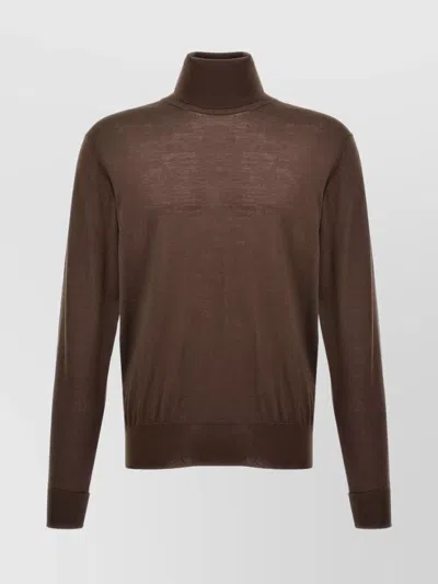 Pt Torino Lightweight Ribbed Turtleneck Sweater With Long Sleeves In Brown