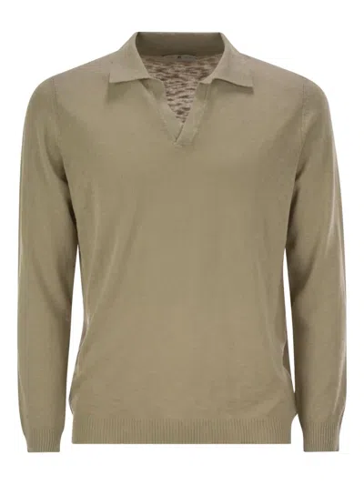 Pt Torino Long-sleeved Cotton Polo-colar T-shirt In Green