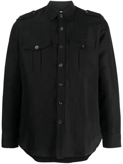 Pt Torino Long-sleeves Cotton-linen-blend Shirt In 黑色