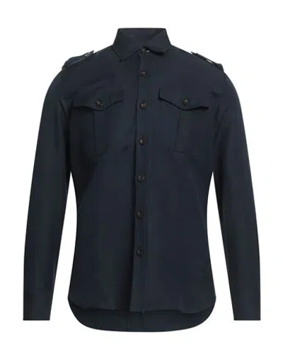 Pt Torino Man Shirt Navy Blue Size 15 Linen, Cotton In Navy Blue