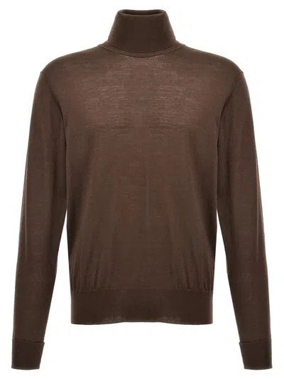 Pt Torino Lightweight Ribbed Turtleneck Sweater With Long Sleeves In Brown