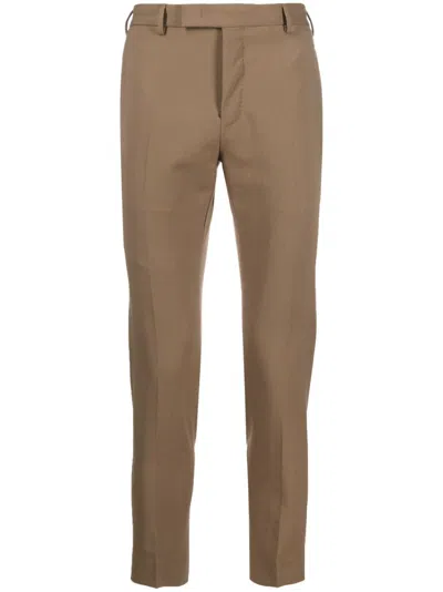 Pt Torino Mid-rise Wool Tailored Trousers In Brown