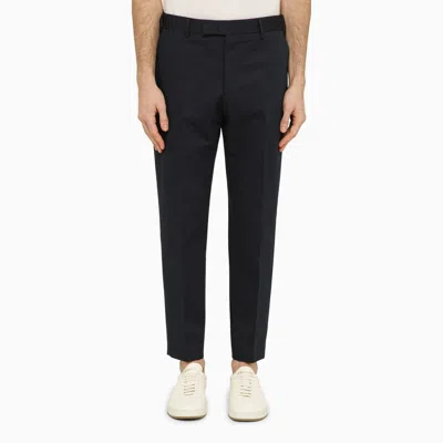 Pt Torino Navy Blue Slim Trousers In Cotton And Linen