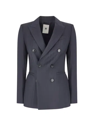 Pt Torino Pinstripe Double-breasted Blazer In Gray