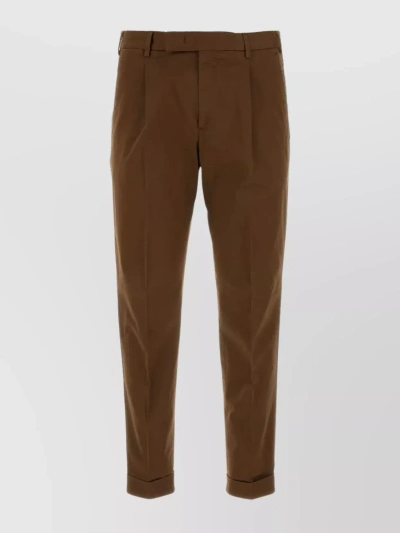 Pt Torino Pleated Cotton Trousers With Detachable Feather Charm In Brown