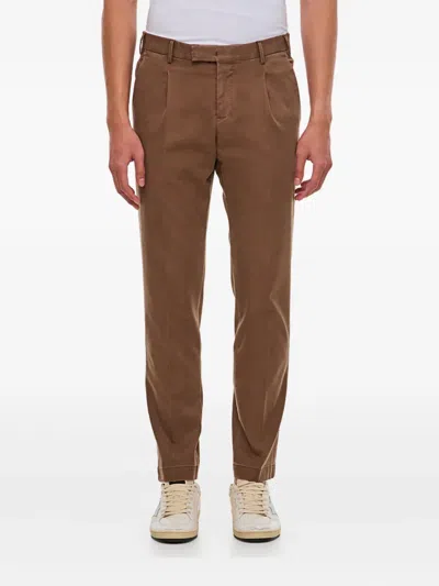 Pt Torino Pleated Diagonal-pocket Trousers In Brown
