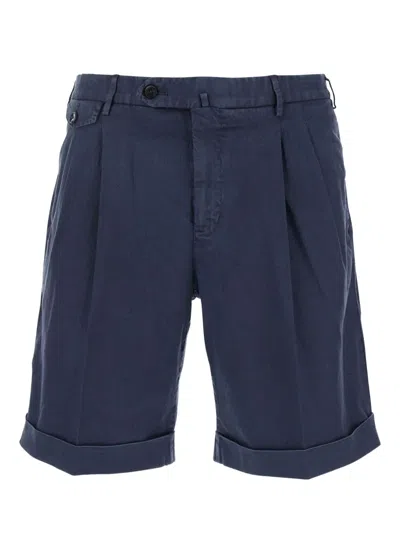 Pt Torino Blue Bermuda With Pence And Side Pocket With Flap In Linen And Cotton Blend Man