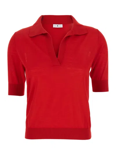 Pt Torino Red Polo With V-neck And Short Sleeves In Virgin Wool Woman