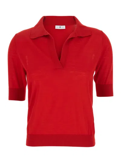 PT TORINO RED POLO WITH V-NECK AND SHORT SLEEVES IN VIRGIN WOOL WOMAN