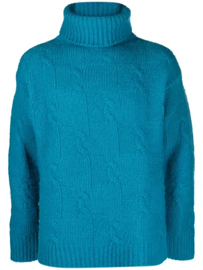 Pt Torino Roll-neck Cable-knit Jumper In Blue