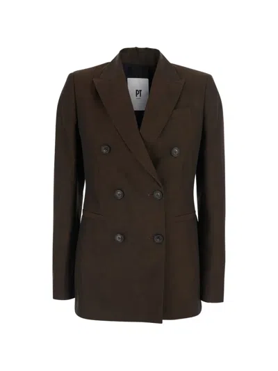 Pt Torino Romy Linen And Cotton Fine Plain Weave Brown Light Jacket With Front Closure And Side Pockets In Ble In Burgundy