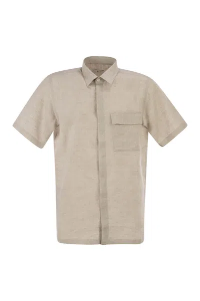 Pt Torino Short-sleeved Linen Shirt In Natural Fabric