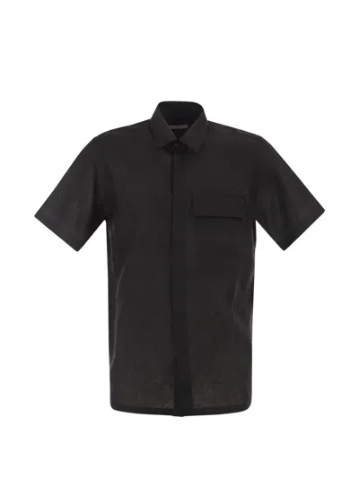 Pt Torino Short-sleeved Linen Shirt In Natural Fabric In Black
