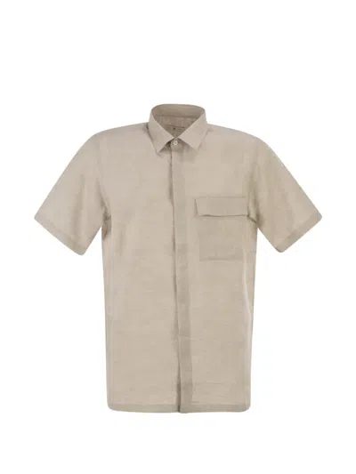 Pt Torino Short-sleeved Linen Shirt In Natural Fabric In Neutral