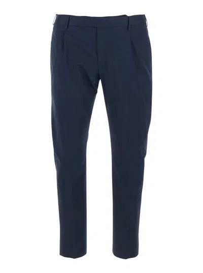 Pt Torino Slim Fit Blue Cotton Pants With Pleats And Belt Loops