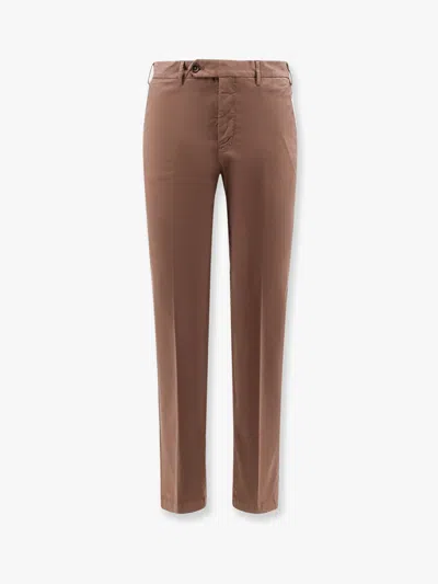 Pt Torino Stretch Cotton Trouser With Logo Metal Charm In Brown