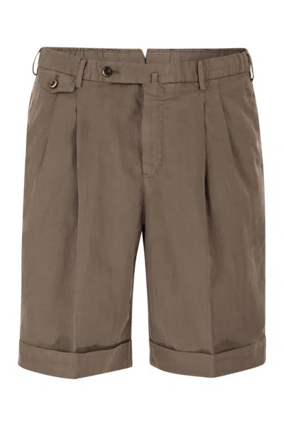 Pt Torino Tailored Bermuda Shorts In Lyocell, Linen And Cotton Blend In Brown