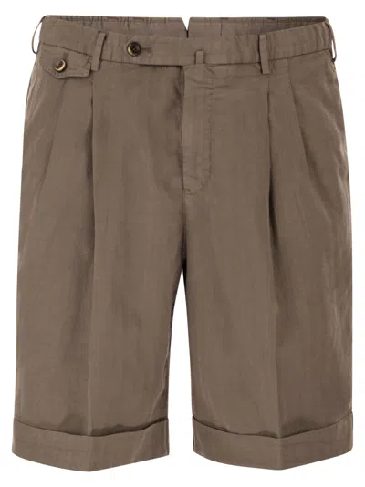 Pt Torino Tailored Bermuda Shorts In Lyocell, Linen And Cotton Blend In Brown