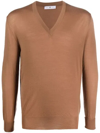 Pt Torino V-neck Knitted Jumper In Brown