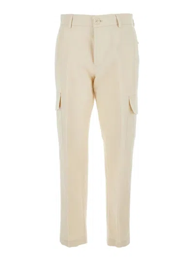 Pt Torino White Pants With Cargo Pockets In Cotton And Linen Blend Woman In Brown