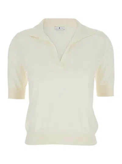 Pt Torino White Polo With V-neck And Short Sleeves In Virgin Wool Woman