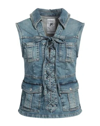 Pt Torino Woman Denim Outerwear Blue Size 4 Cotton, Elastane